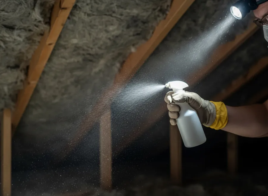 An attic interior lit by a headlamp, showing rafters and batt insulation between joists