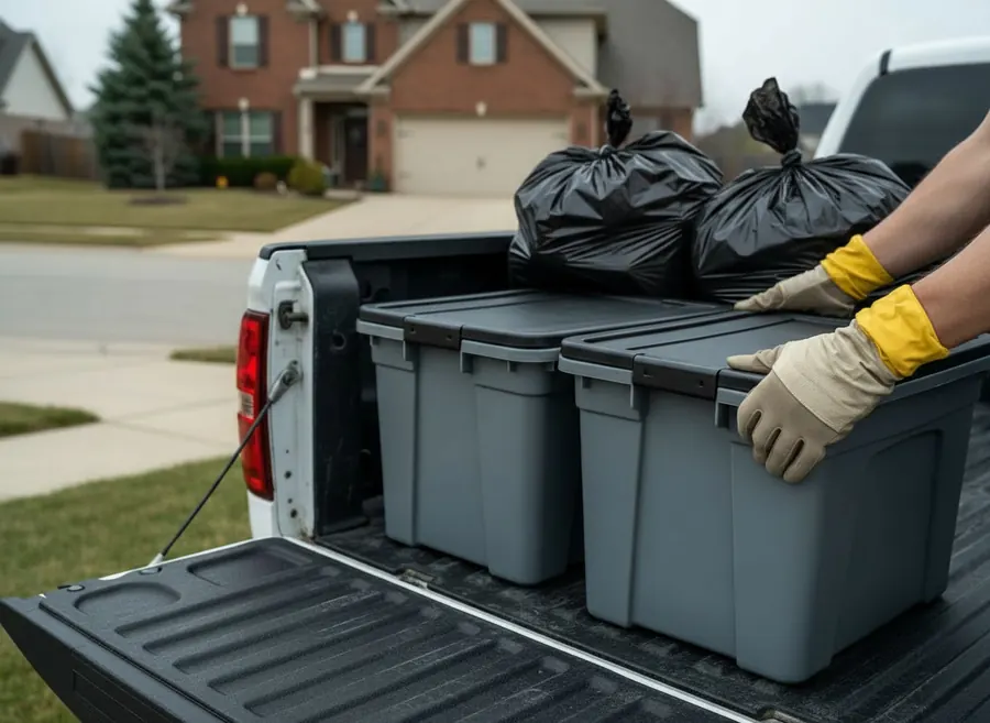 Sealed containers and bagged waste loaded onto a pickup bed outside a property
