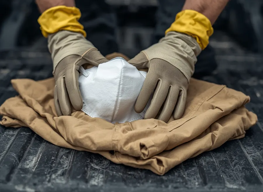 Work gloves and a respirator laid out on a tailgate before entering a confined space