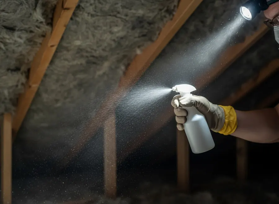 A headlamp beam and spray applicator directed into a dark insulated roof void during a source search