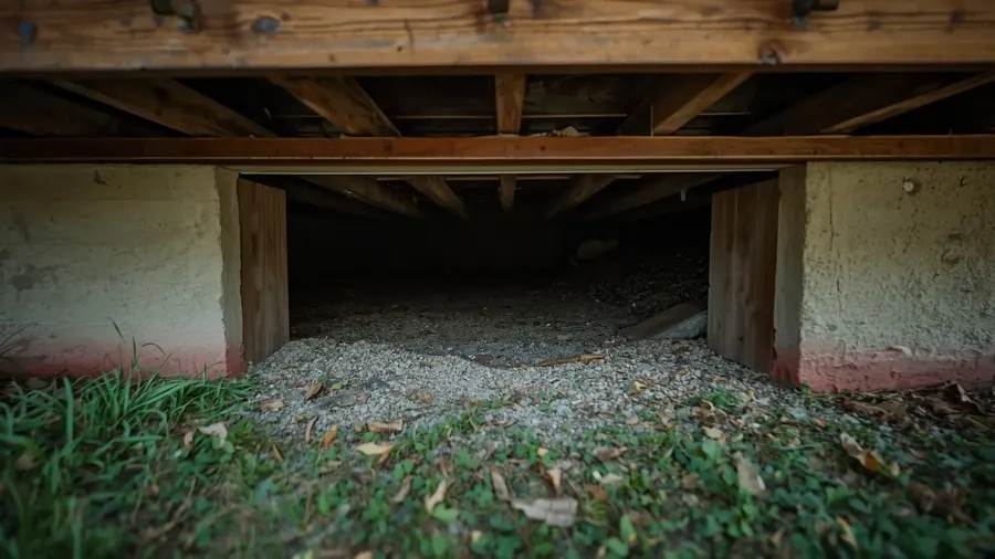 The low gravel void beneath a raised wooden deck, seen from ground level at the opening
