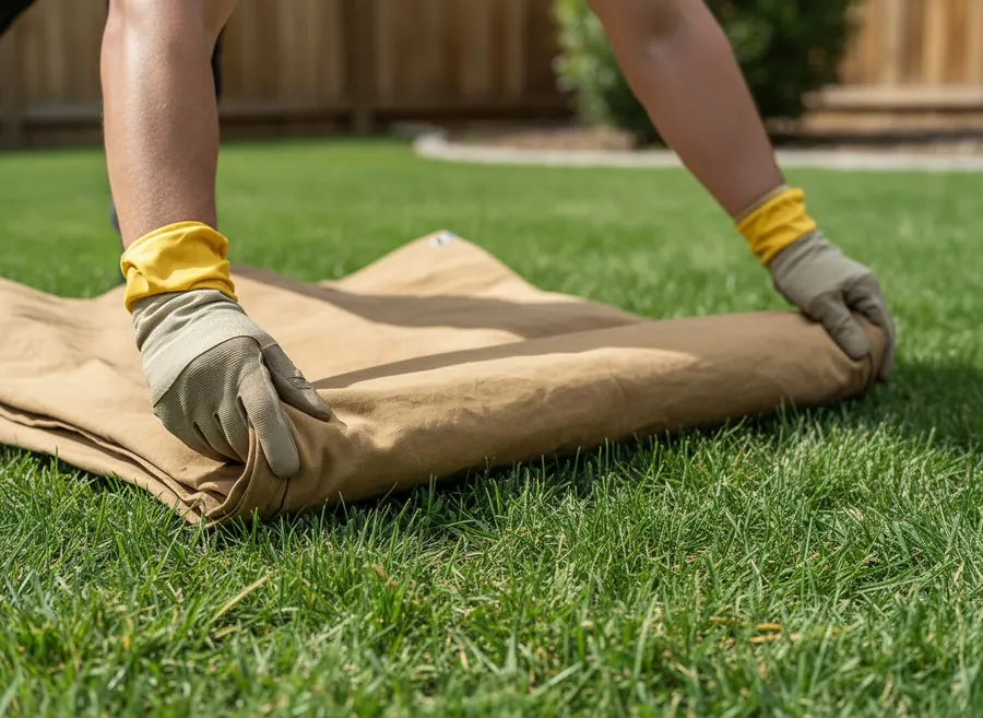 Gloved hands folding a heavy tarp on a residential lawn beside a fence line